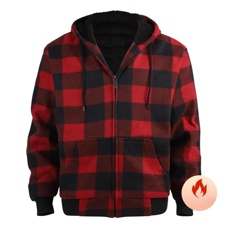 Warm Thick Fleece Plaid Shirt Jacket for Men Winter Sherpa Lined Hoodie Flannel Shirts Coat with Pockets Men's Windproof Zip Up Jackets with Hood