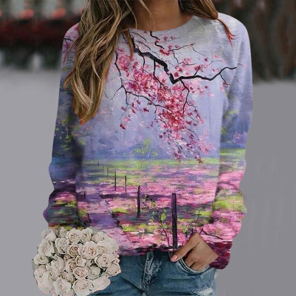 Fashionable Retro 3D Floral Print Women's Casual Round Neck Long Sleeved T-shirt