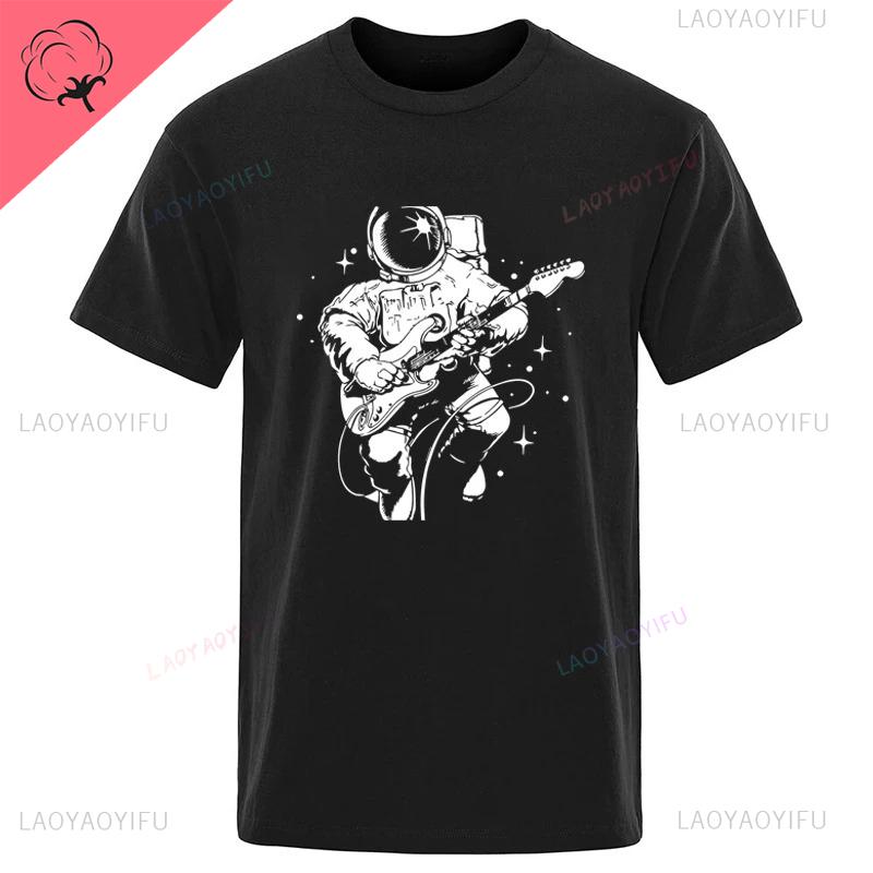 Summer High Quality Funny Astronaut Playing Guitar Casual Unique Loose Cool Men Oneck Streetwear Aesthetic Print Mens Tshirt