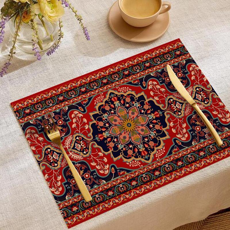 

Розкішний Богемний Набір з 4 Підставок під Тарілки Червоний Синій Квітковий Геометричний Візерунок із Золотим Столовим Приладдям Декор для Обіднього Столу Будинку 6PC-32X42cm