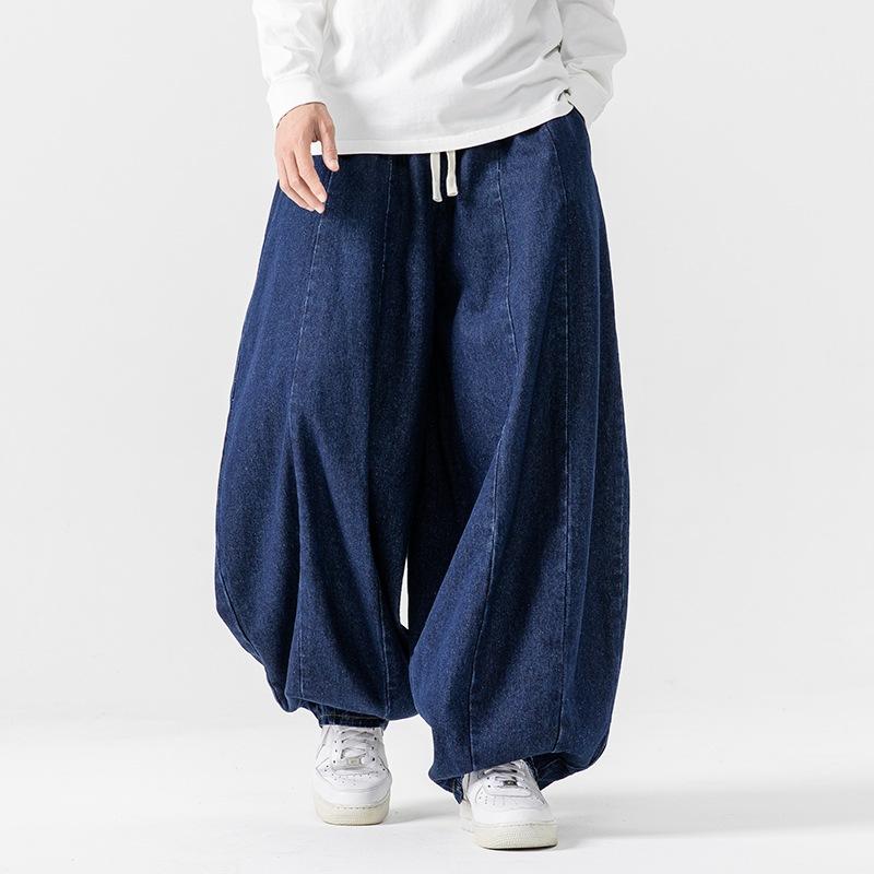 İlkbahar ve Sonbahar Erkek Fener Büyük Beden Japon Retro Bol Harem Düz Pantolon Geniş Paça Kot