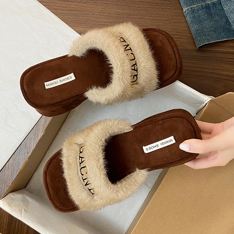 Fur High Heels Women Slippers Leopard Elegant Shoes Heeled Sandals  Autumn Luxury  Slides Party Pumps Snow Mujer Botas
