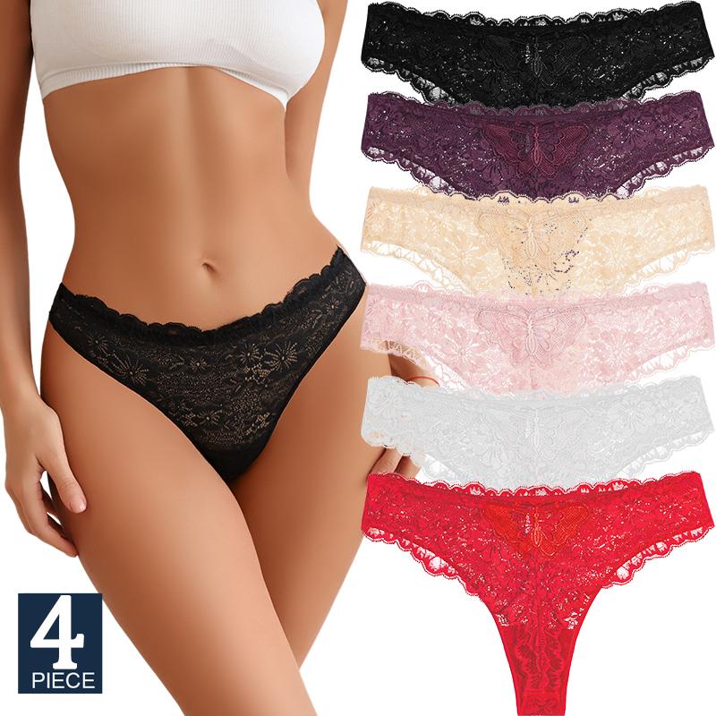 4Pcs/Set Perspective Lace Panties Hollow Out Low-waist Underwear Thongs Female Underpants Breathable Lingerie Intimates