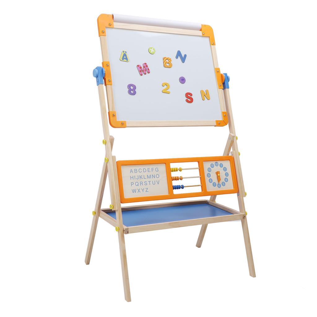 Easel for Kids with Paper Roll Learning Toy Magnetic Stickers Double Sided 360 Degree Rotating Kids
