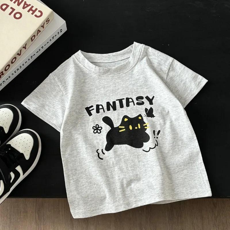 2026 Summer Children Cotton Short Sleeve Tee Cute Cartoon Print Crew Neck Soft Tops For Baby Toddler Boys Girls Kids Wear