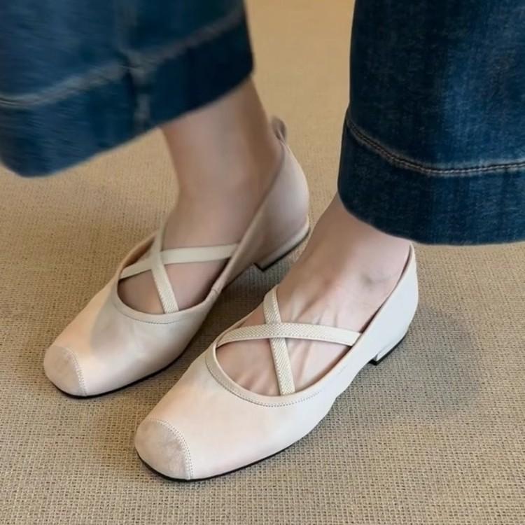 Super soft small soft leather~ Cross-strap Mary Jane shoes 2025 spring new soft-soled single shoes women's shallow mouth ballet shoes