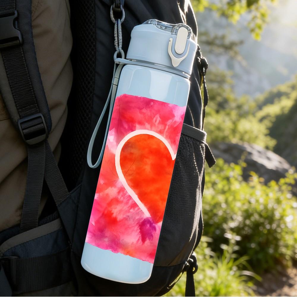 1PC Red Orange Glowing Heart Shape Print 750ml Color Plastic Sports Water Bottle Leakproof Flip Straw Lid Suitable for Sports Office Home Use