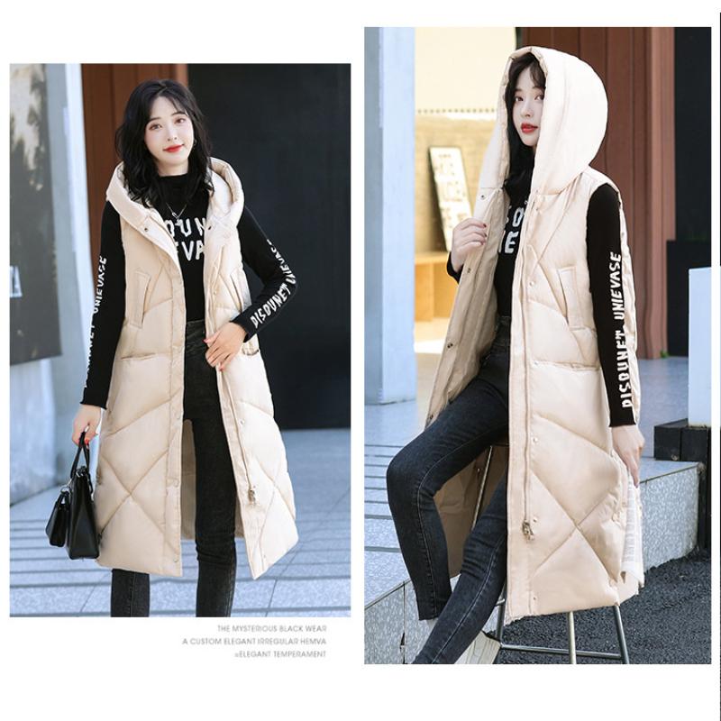 Autumn and Winter Women's Solid Color Hooded Loose Mid-length Windproof Warm Vest Sleeveless Women's Jacket