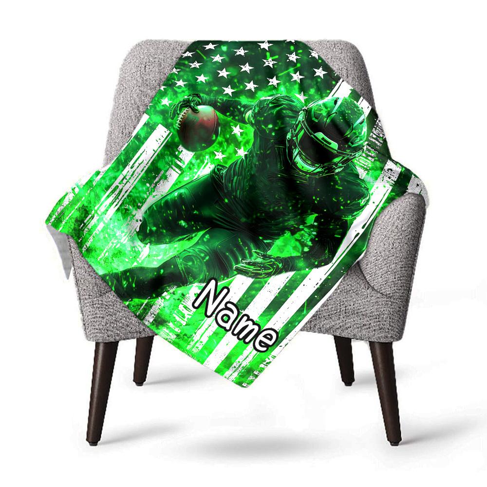 Football Player With Green Flag Personalized Blanket Home Customize Your Name Blankets Comfortable Soft Lightweight Allseason Multipurpose Blanket For