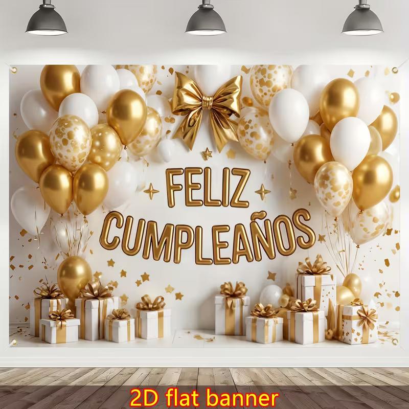 

2D Feliz Cumpleaños Backdrop, Gold White Balloon & Gift Box Spanish Birthday Background Cloth 47.2x31.5inch/120*80cm
