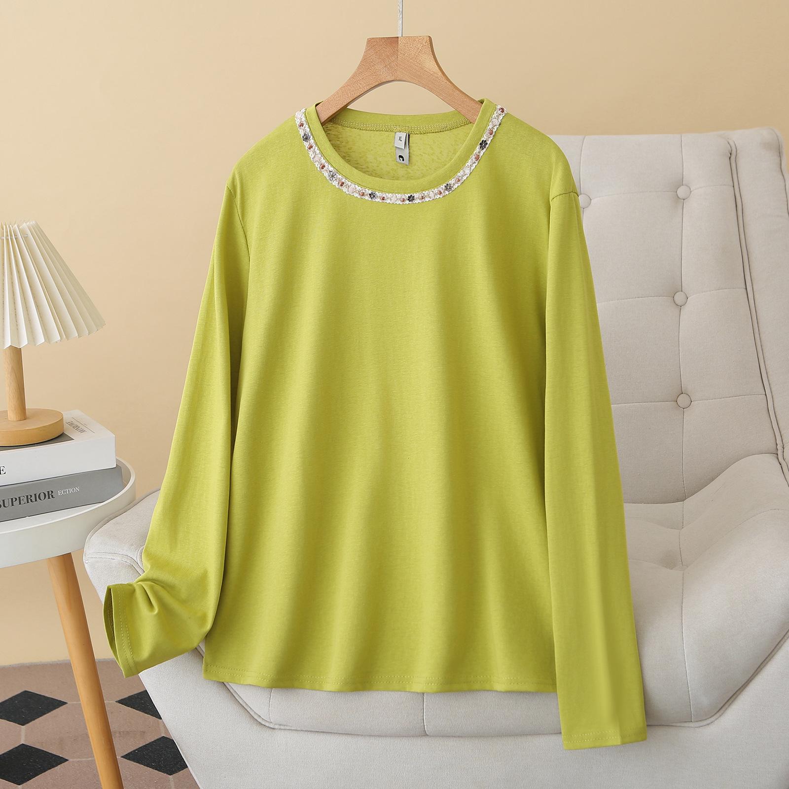 

2026 Spring Women s Plus Size Beaded Cotton Long Sleeve Round Neck T-Shirt (Style 8333) 2XL