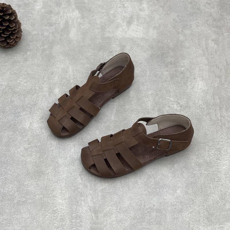 Johnature Genuine Leather Roman Sandals Retro Casual Solid Color Cowhide Soft Sole Flat Women's Shoes