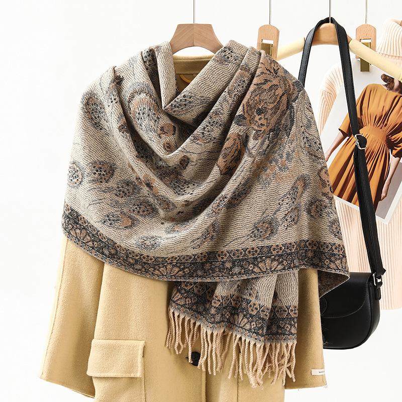 Jacquard Scarf Shawl with Decorative Imitation Cashmere Scarf for Women Winter High End New Style Thickened Ethnic Style Shawl
