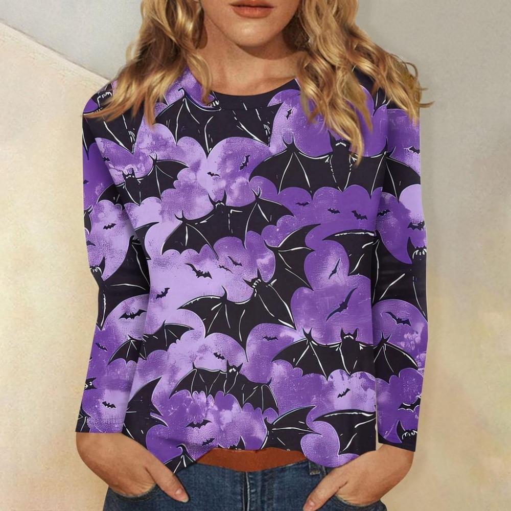 Fashionable 3D digital printed Halloween bat pattern women's round neck long sleeved T-shirt