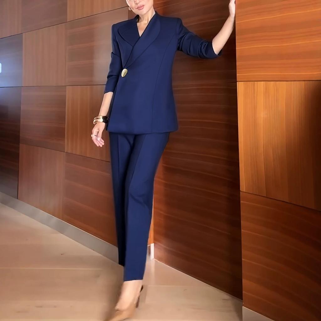 European, American autumn and winter fashion high-end blue fashion diagonal placket design women's blazer simple straight trousers suit