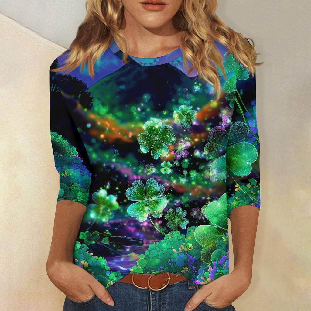 Women's Fashionable Casual St. Patrick's Day Print Neck Three-Quarter Sleeve T-Shirt Top