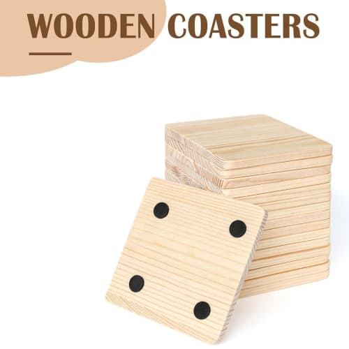 Bannik 25-Pack Unfinished Wooden Coasters, 4-Inch Blank Wooden Coasters, Craft Coasters with Non-Slip Silicone Dots, Square, Easy to Use