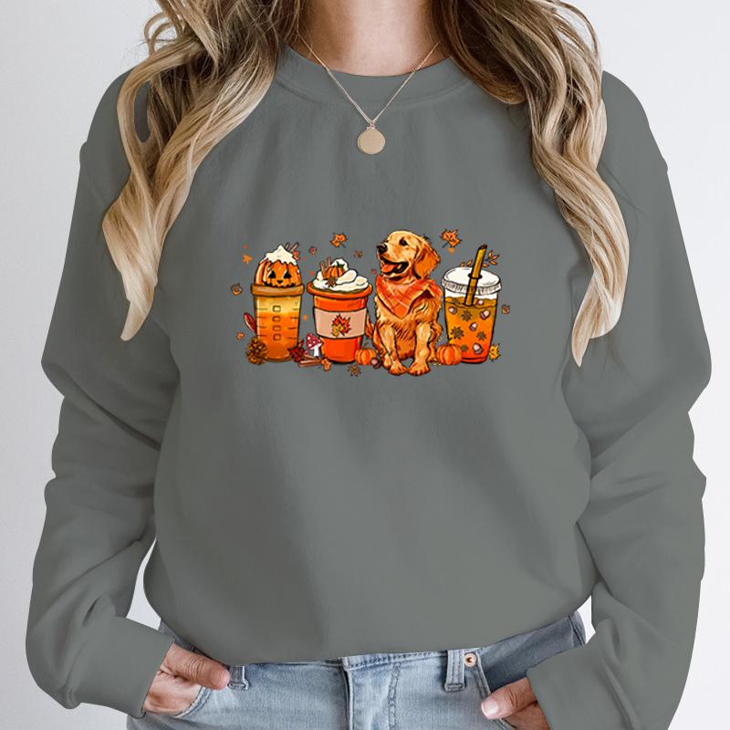 Fall Pumpkin Coffee Golden Retriever Print Sweatshirts Autumn Winter Long Sleeve Round Neck Pullovers Casual Hoodless Sweatshirt
