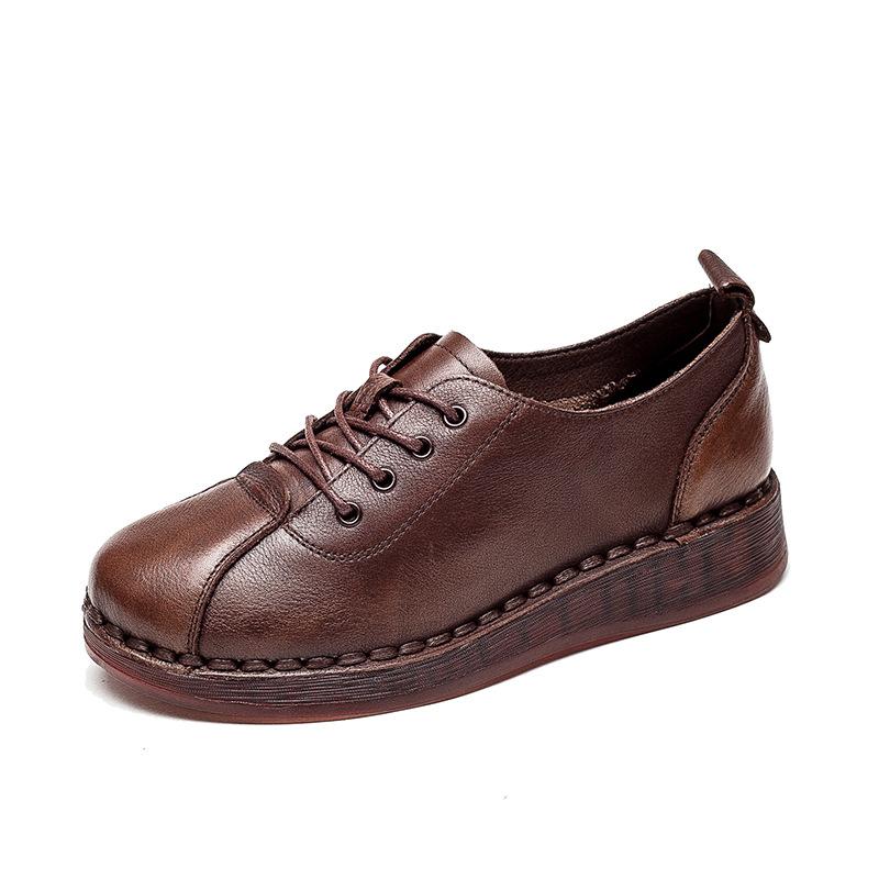 Fashion GKTINOO Genuine Leather Soft Sole Women's Shoes 2025 Spring New Vintage Round Toe Lace-up Versatile Comfortable Flat Shoes