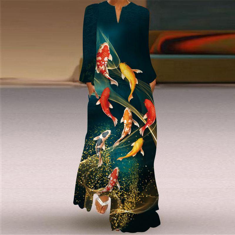 Long Sleeve Dress Good Luck Koi Pattern Print Dress Stage Show Performance Wear Travel Photography Clothes