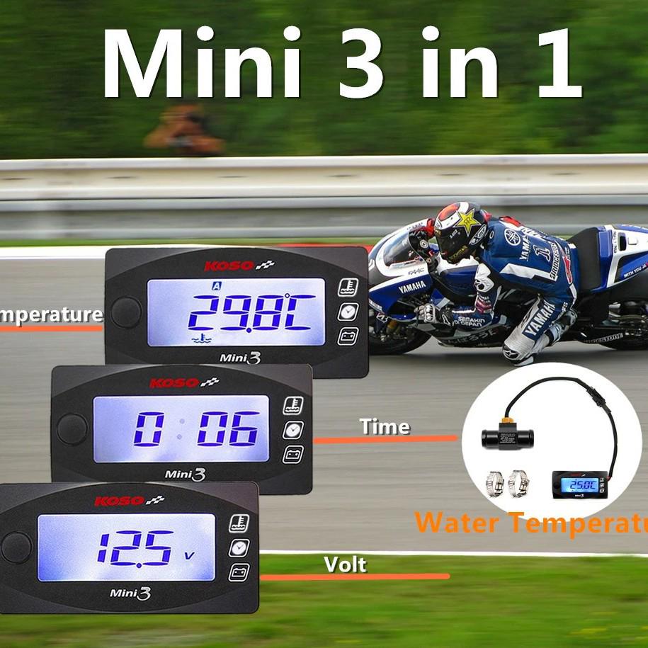 Koso 3-in-1 Motorcycle Gauge: Water Temp, Voltmeter, Time Display
