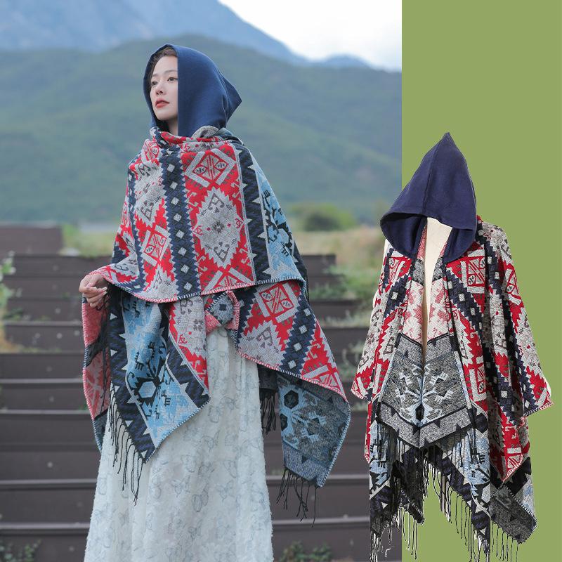 Women's Ethnic Style Hooded Shawl Cloak, Geometric Design for Autumn/Winter, Ideal for Tibet, Qinghai, Yunnan Travel
