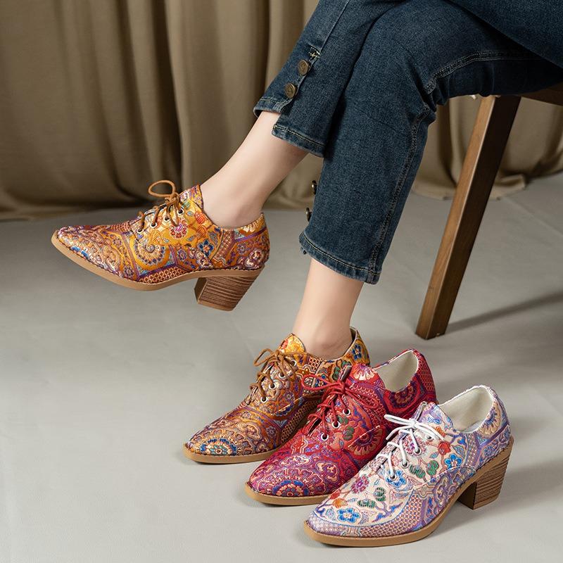 Pointed print high-heeled single shoes women's autumn new lace-up large-size thick-heeled professional single shoes