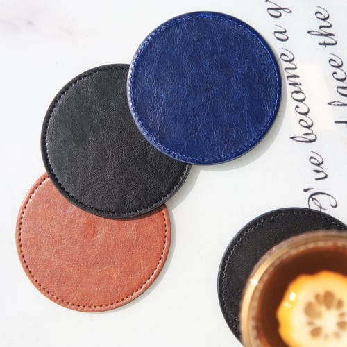 TOSSOW Coasters, PU Round Cup Mats with Storage Case, Waterproof and Heat-Resistant Pads, Set of 8 (Brown)