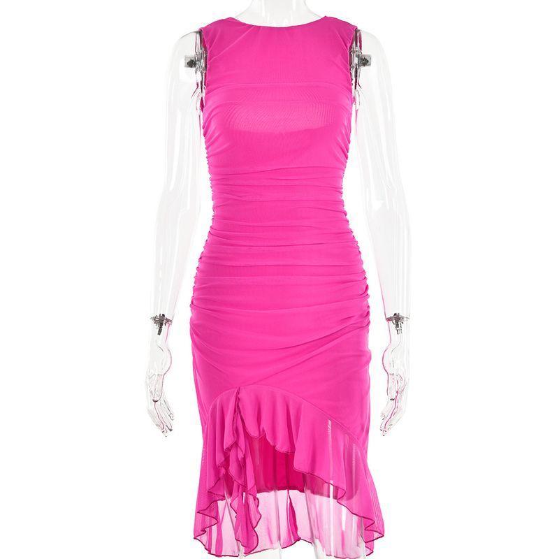 

Women s Tight Solid Color Pleated Dress Tight-Fitting Solid Color Ruched Dress Female Rose Red L