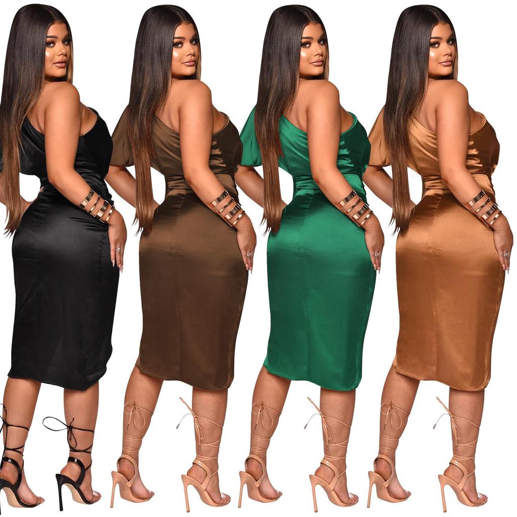 One-Shoulder Slit Midi Dress - Women's Fashion Solid Color, Europe & America Style