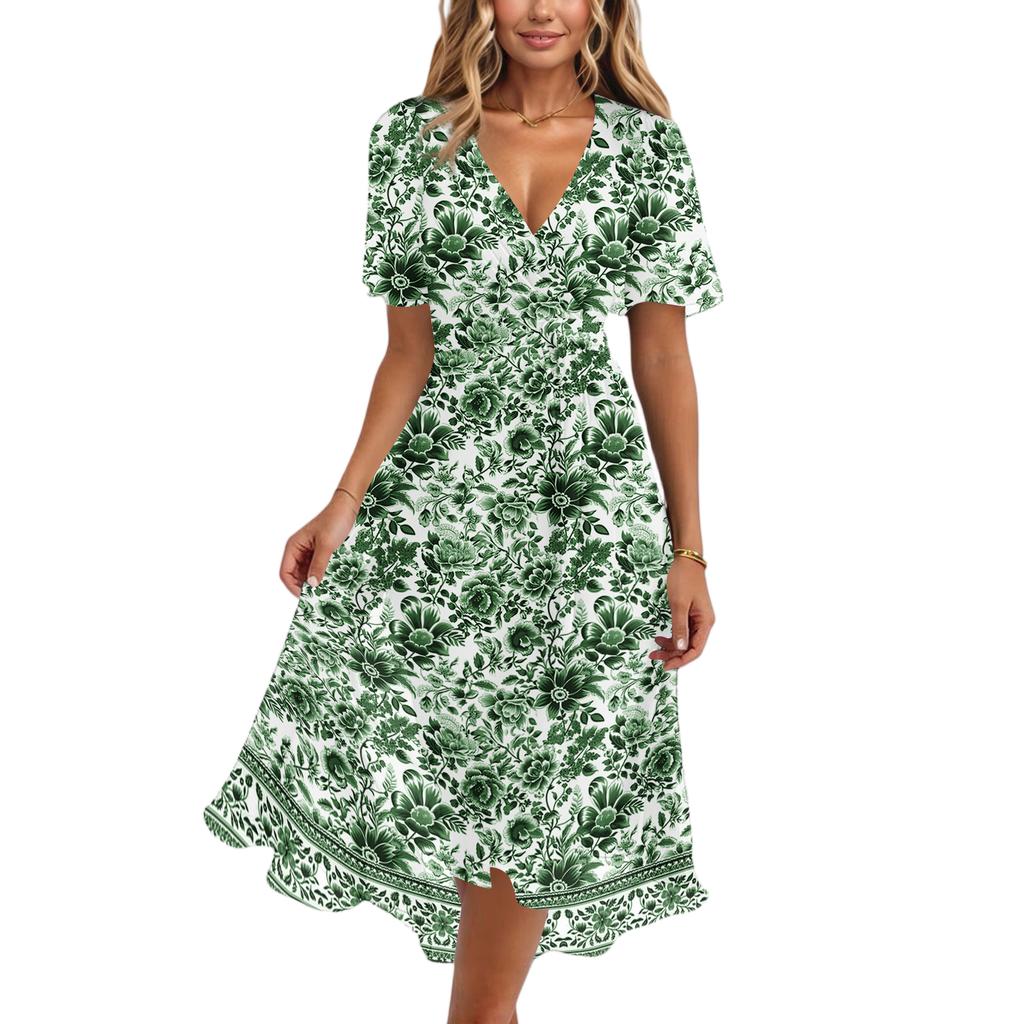 Women V Neck Short Sleeve Casual Dress Vintage Floral Print Midi Dress with Wrap Style and Flared Hem Suitable for Daily Wear