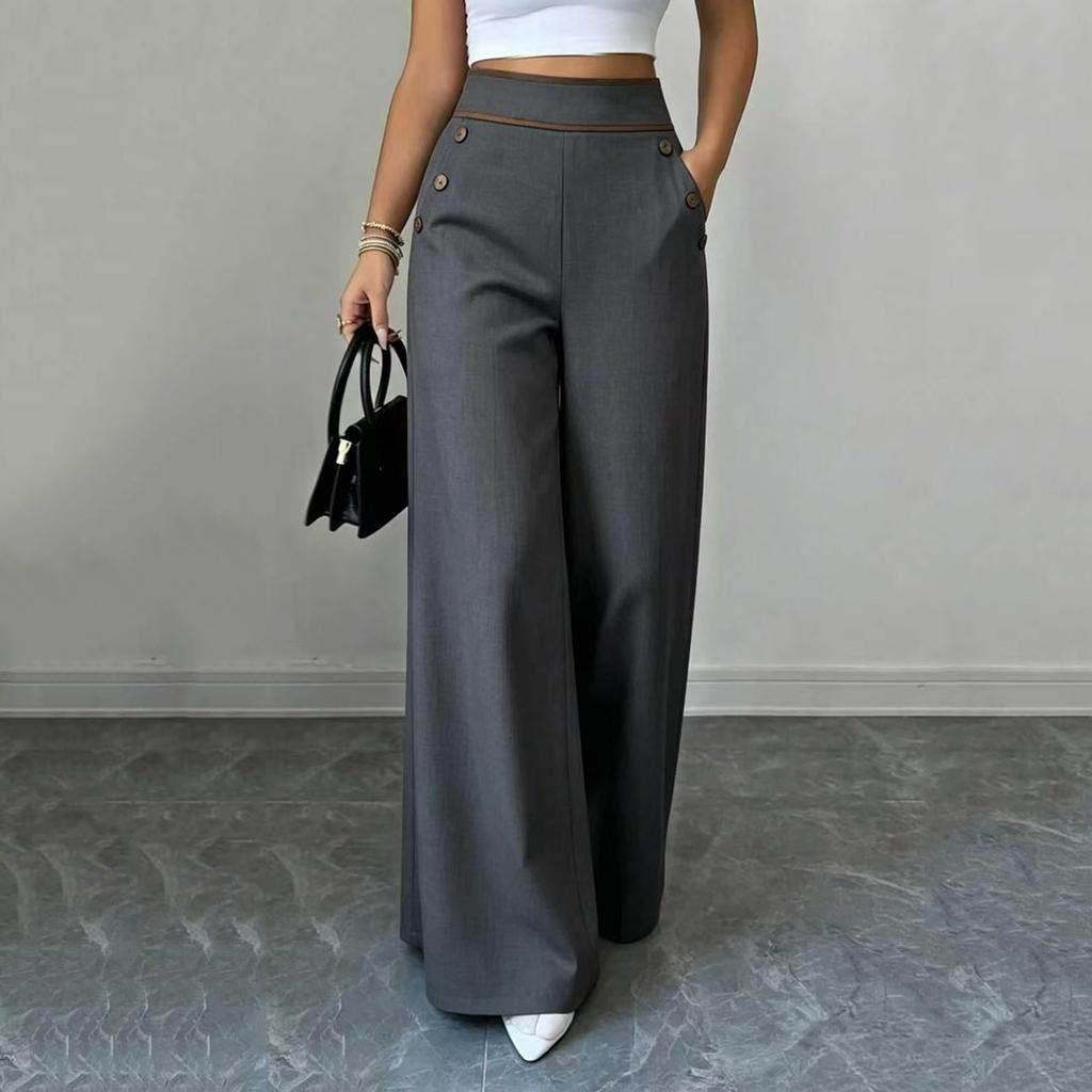 Women High Waist Wide Leg Pants Button Detail Straight Leg Casual Trousers Lightweight Loose Fit Bottoms for Everyday Wear