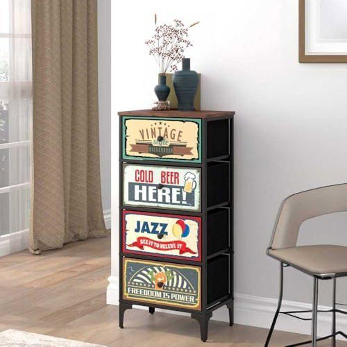 Commode - AKTIVE - Vintage - 4 Tiroirs - Métal - Noir - 45x30x98 cm