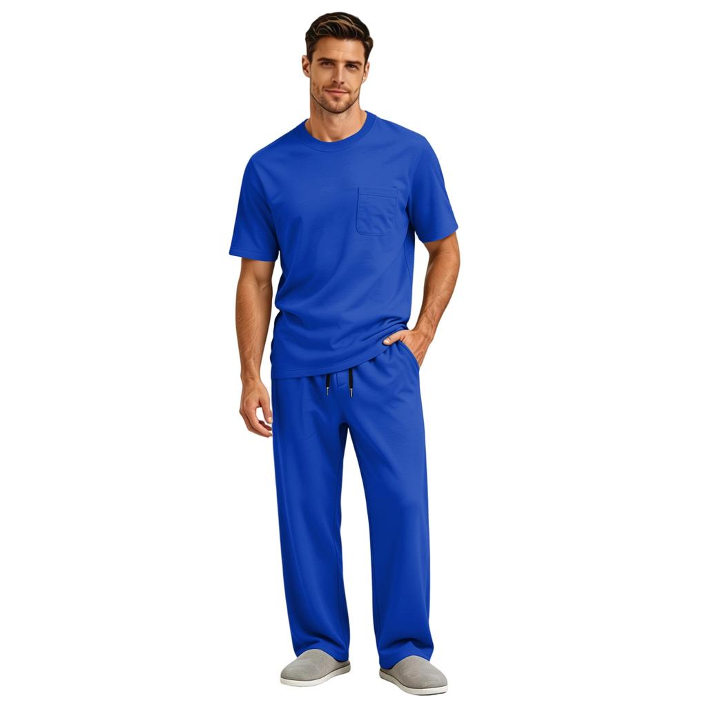 Men's Short Sleeve Pajama Set with Button Crotch and Elastic Waist Drawstring Pants for Sleepwear