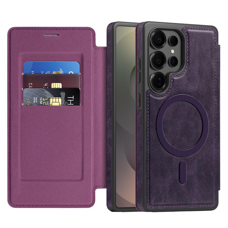 Luxury PU Leather Magnetic Flip Bracket Case For For Samsung Galaxy S22 S23 S24 S25 Ultra Plus For Magsafe Slot Wallet Protect Cover