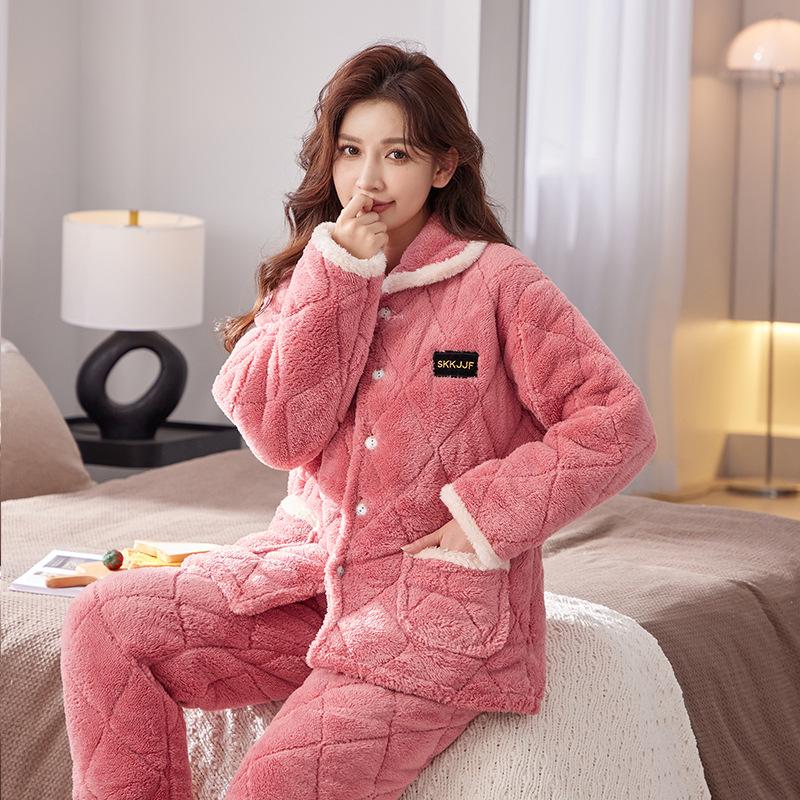Pajamas Women's Winter Three-layer Thickened Padded Jacket Coral Fleece Lapel Super Warm Can Be Worn Outside Loungewear
