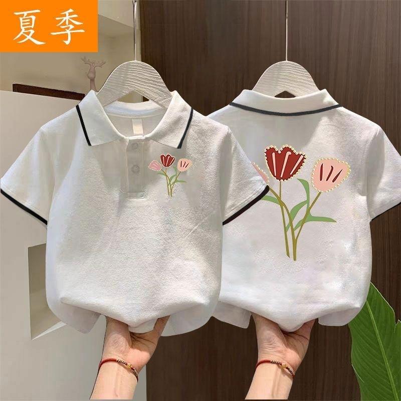Girls Summer Korean Unique Print Polo Shirt Baby Short Sleeve Collar Top Breathable Casual Tee