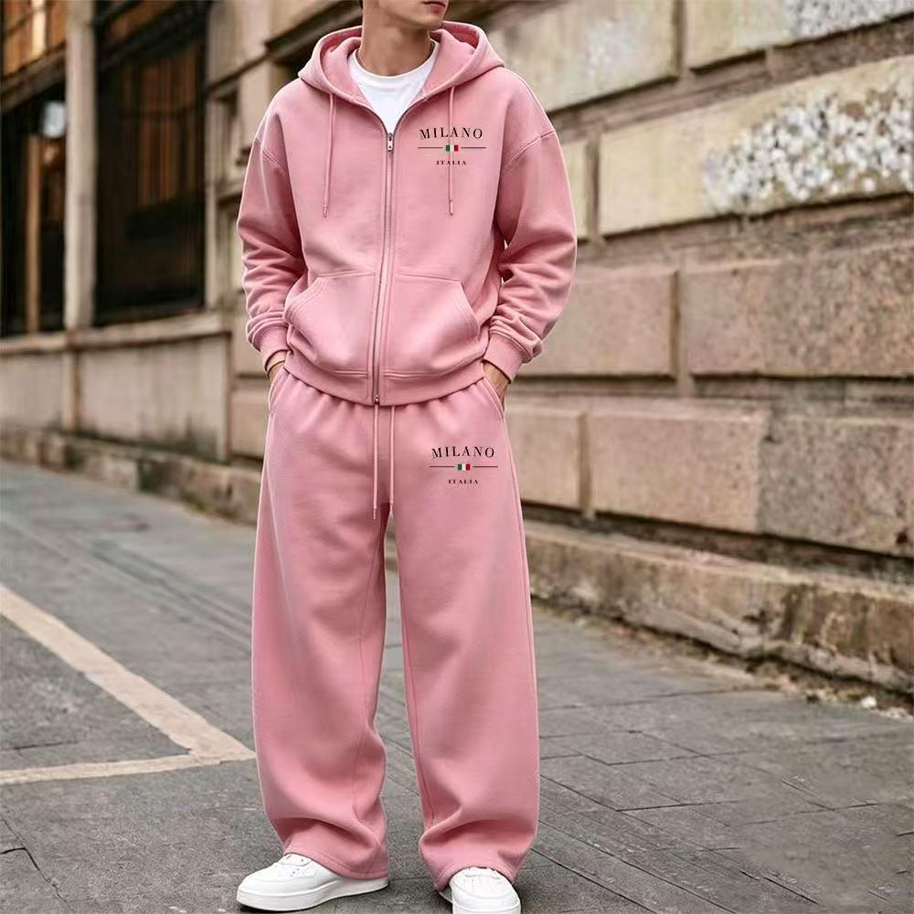 2026 Spring Men's Zipper Hoodie & Wide-Leg Sweatpants Set with Velvet