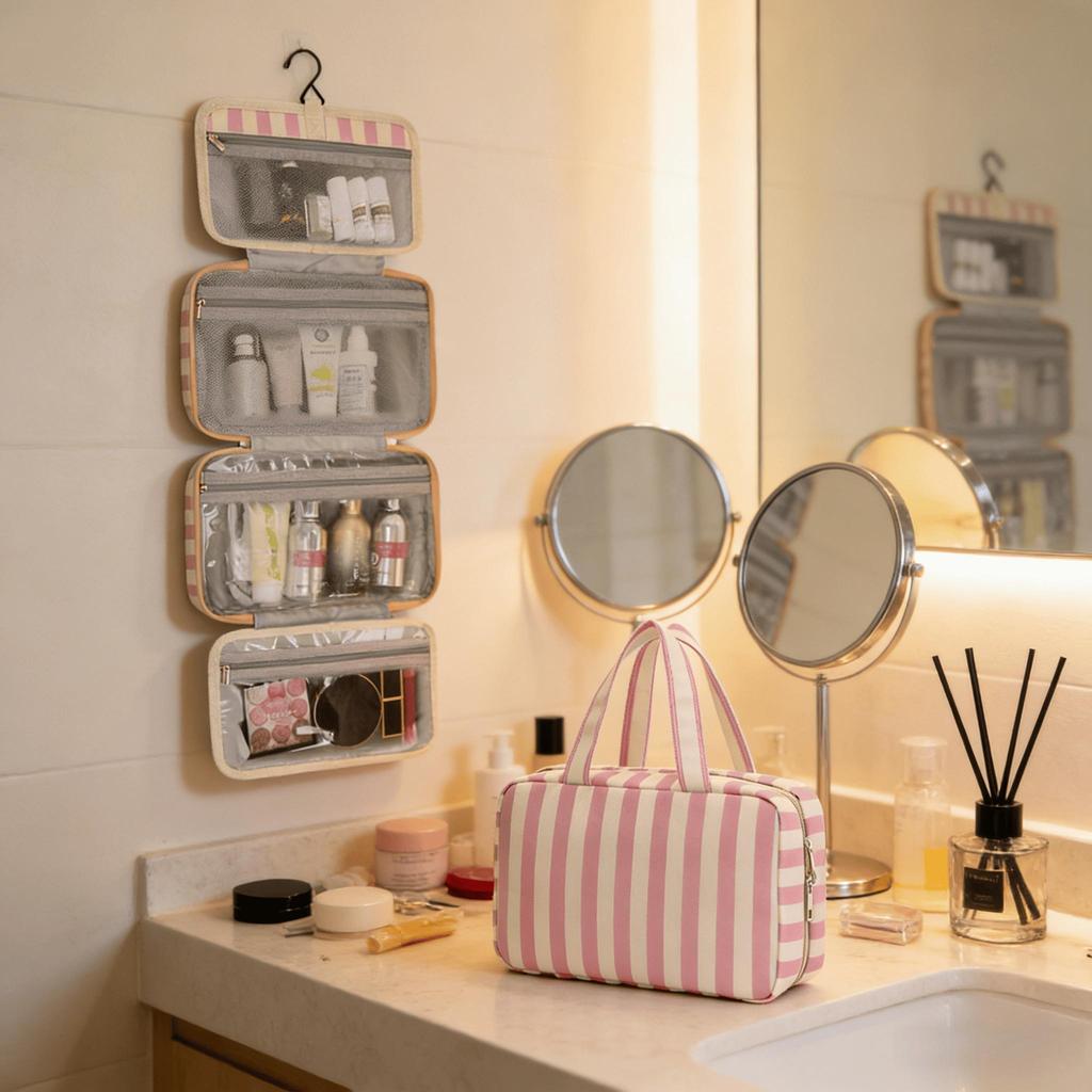 Striped toiletry bag - Large capacity travel makeup bag, with hooks for folding portable cosmetics, fitness and shower essential