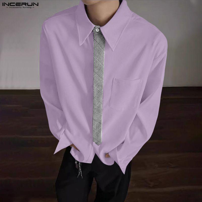 INCERUN Oversized Men Casual Loose Striped Print Patchwork Long Sleeve Shirts Tops