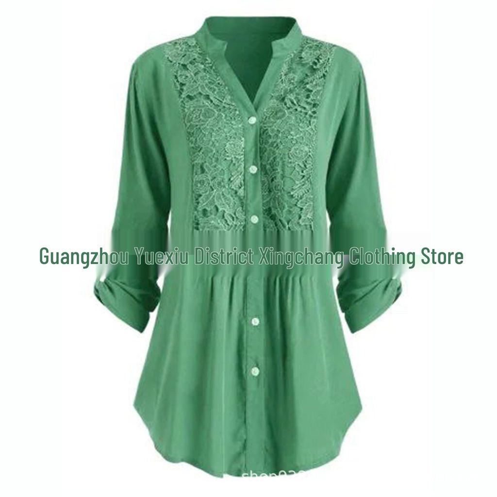 2024 Trendy Solid Color Rayon Lace Trim Women's Long Sleeve Blouse
