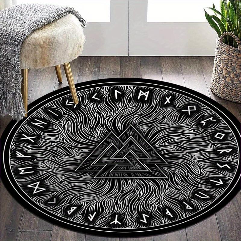 800g/m² Heavyweight Viking Rune Carpet-Round Rune Soft Floor Mat Suitable for Living Room,Bedroom,Office,/Outdoor Use-Hand Washable