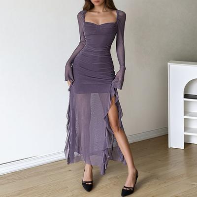 Women's Irregular Spring Ruffled Solid Mesh Spice Girl Slit Long Sleeve Dress