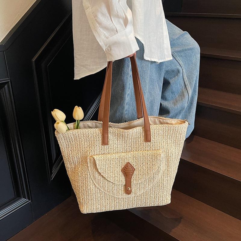 Woven Straw Bag Women's Large-capacity New Summer Versatile Shoulder Tote Bag Vacation Wind Beach Bag