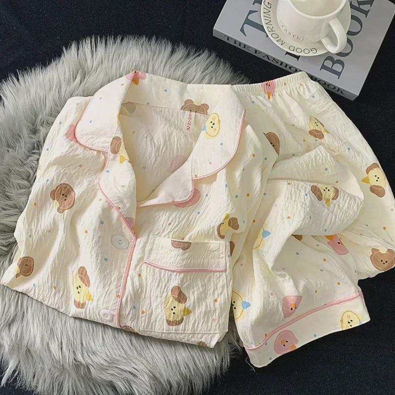 "Dámské bavlněné pyžamo s třešňovým medvídkem - Jaro/Podzim, Dlouhý rukáv, Roztomilý kreslený svršek"