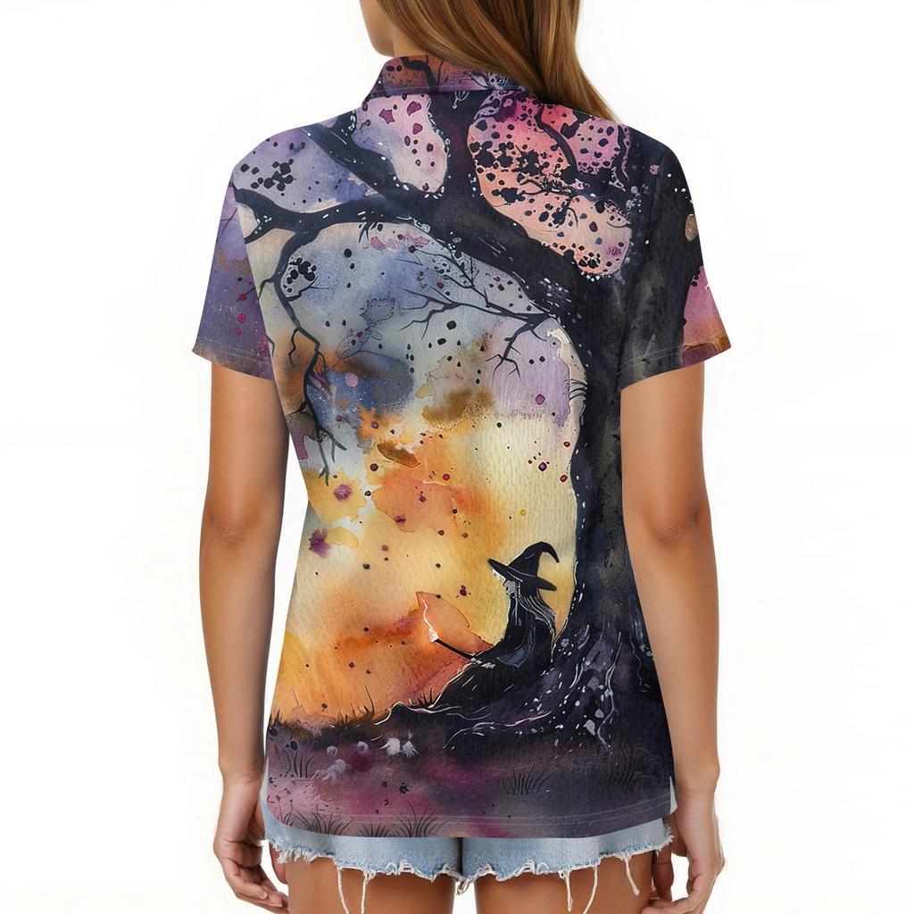 Dámská móda Ležérní klopa Krátký rukáv Halloweenský potisk Košile Dámské zapínací topy