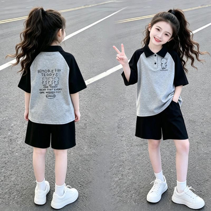 Korean-Style Girls' Color Block Lapel Polo Shirt & Shorts Summer Set