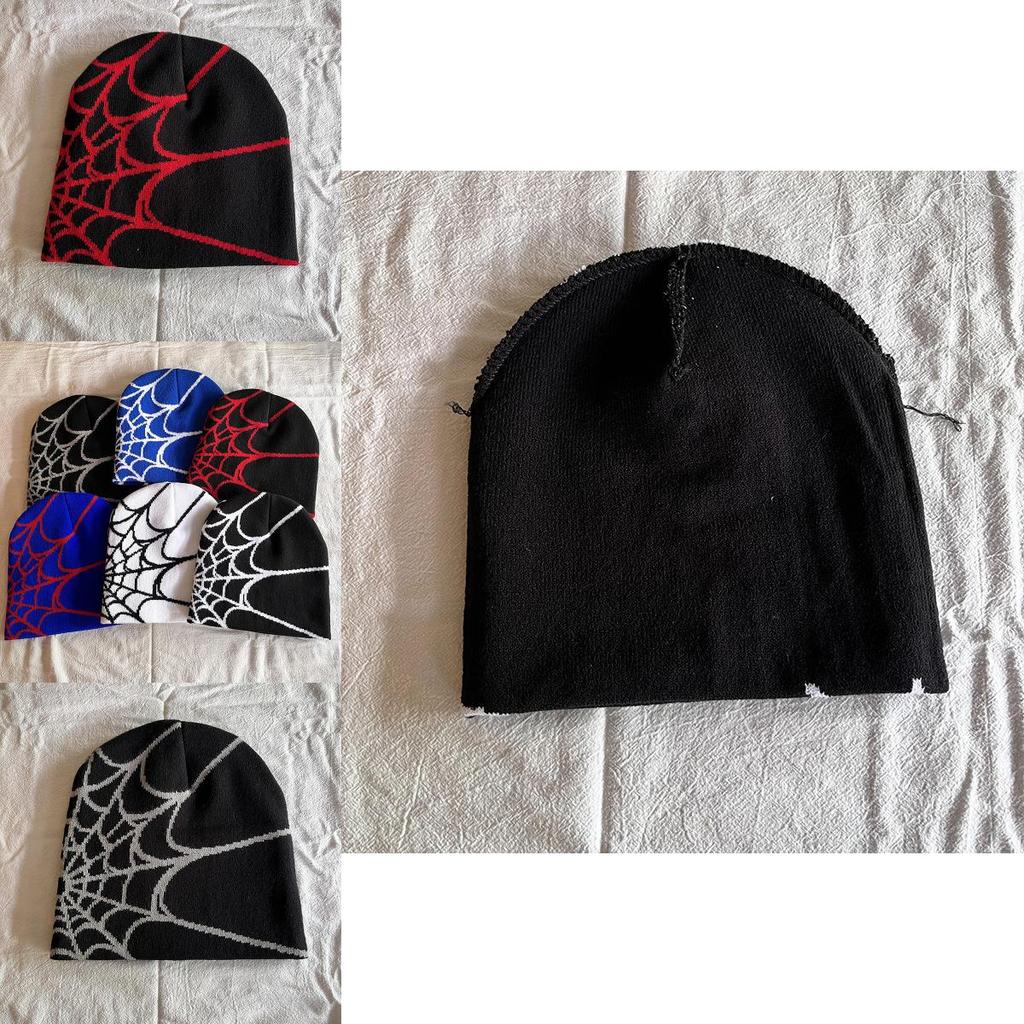 Punk Style Knit Cap With Spider Web Embroidery Design For Winter Outdoor Activities