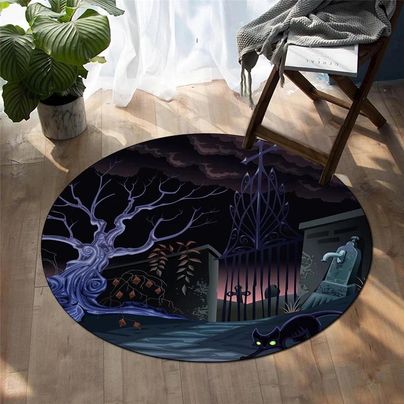 Happy Halloween Round Carpet Castle Bat Print Area Rug for Living Room Bedroom Chair Non Slip Horror Theme Floor Mats Yoga Mat