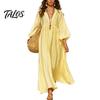 Polyester Dress Women Women's Deep V Neck Maxi Dress, Puff 3/4 Sleeve Retro Style A-Line Flowy Casual Loose Boho Beach Sundress Everyday Wear